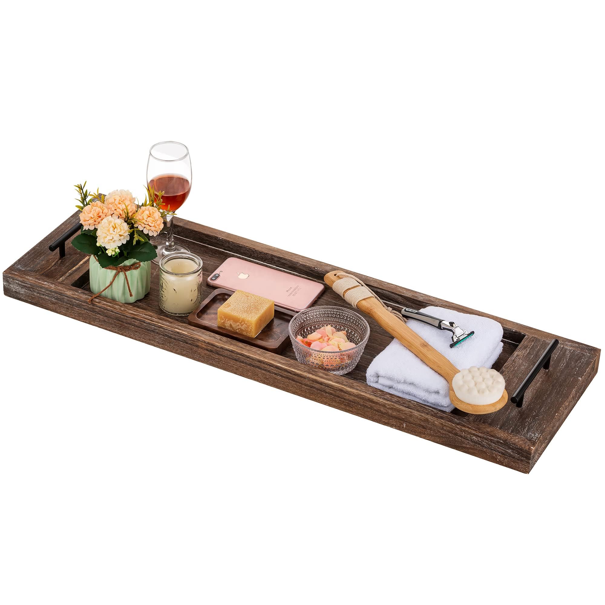 Hanobe Rustic Wood Bathtub Tray – 31 Inch Paulownia Bath Caddy with Handles