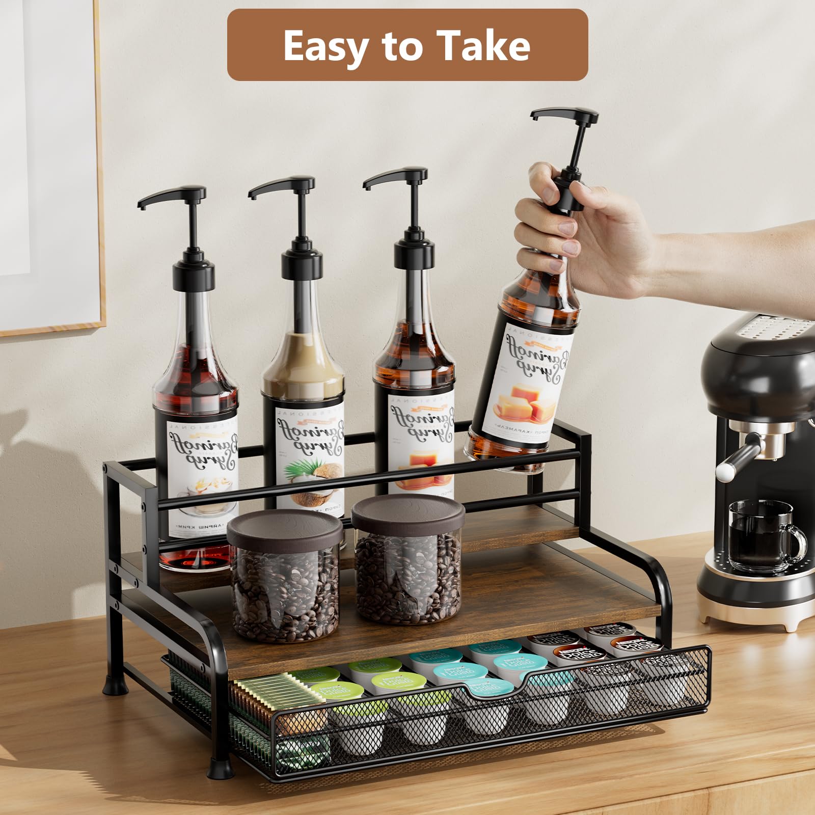 Jolof Store Coffee Syrup Organizer – 3-Tier 8 Bottle Stand with K-Cup Drawer