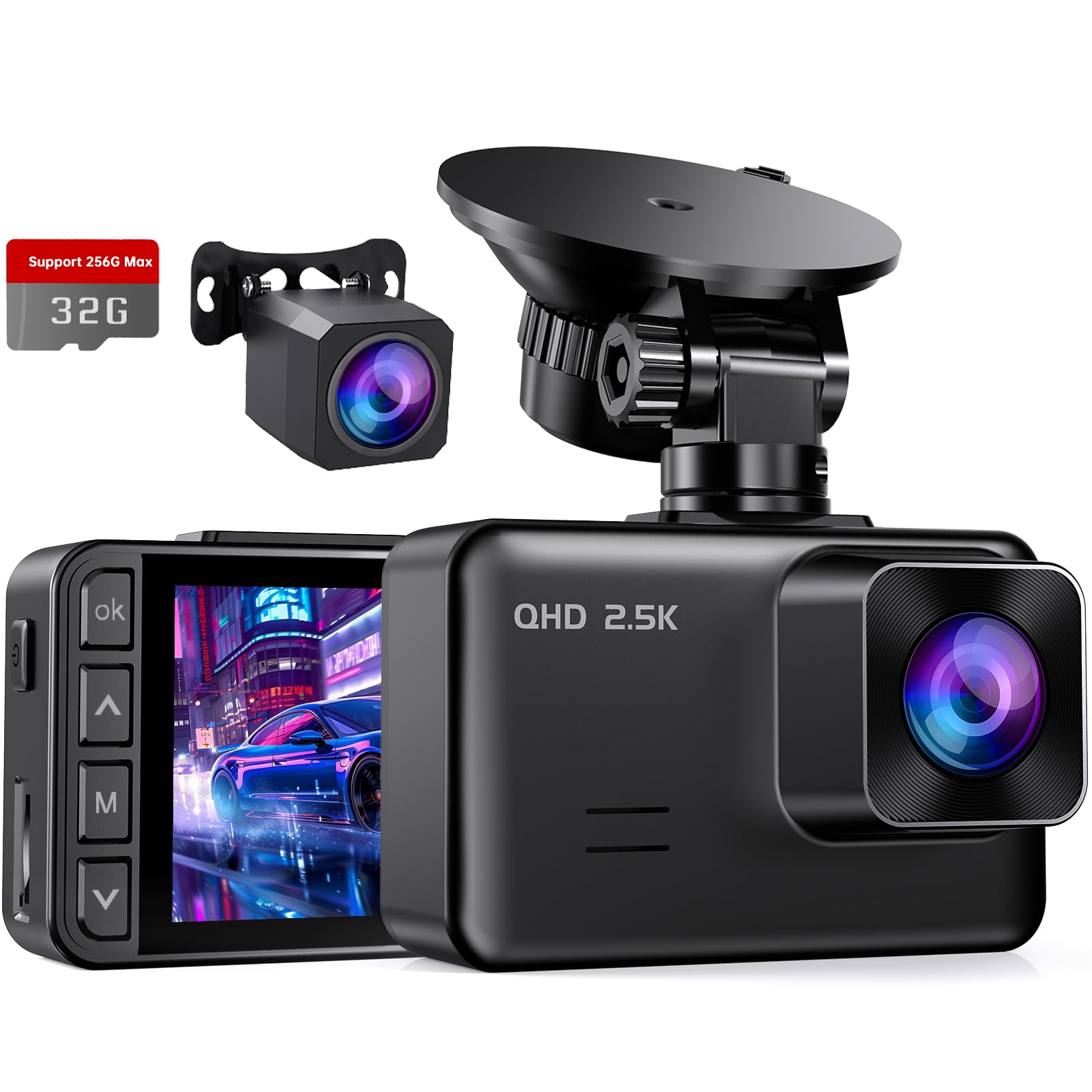 Dual Dash Cam – 2.5K Front and Rear Car Camera with 32GB Card