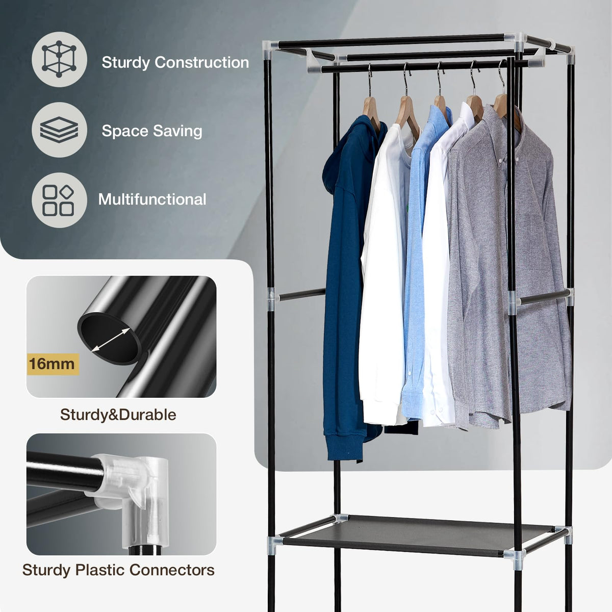 Single Canvas Wardrobe with 2 Drawers and Hanging Rail 160 x 59 x 43CM - image 3