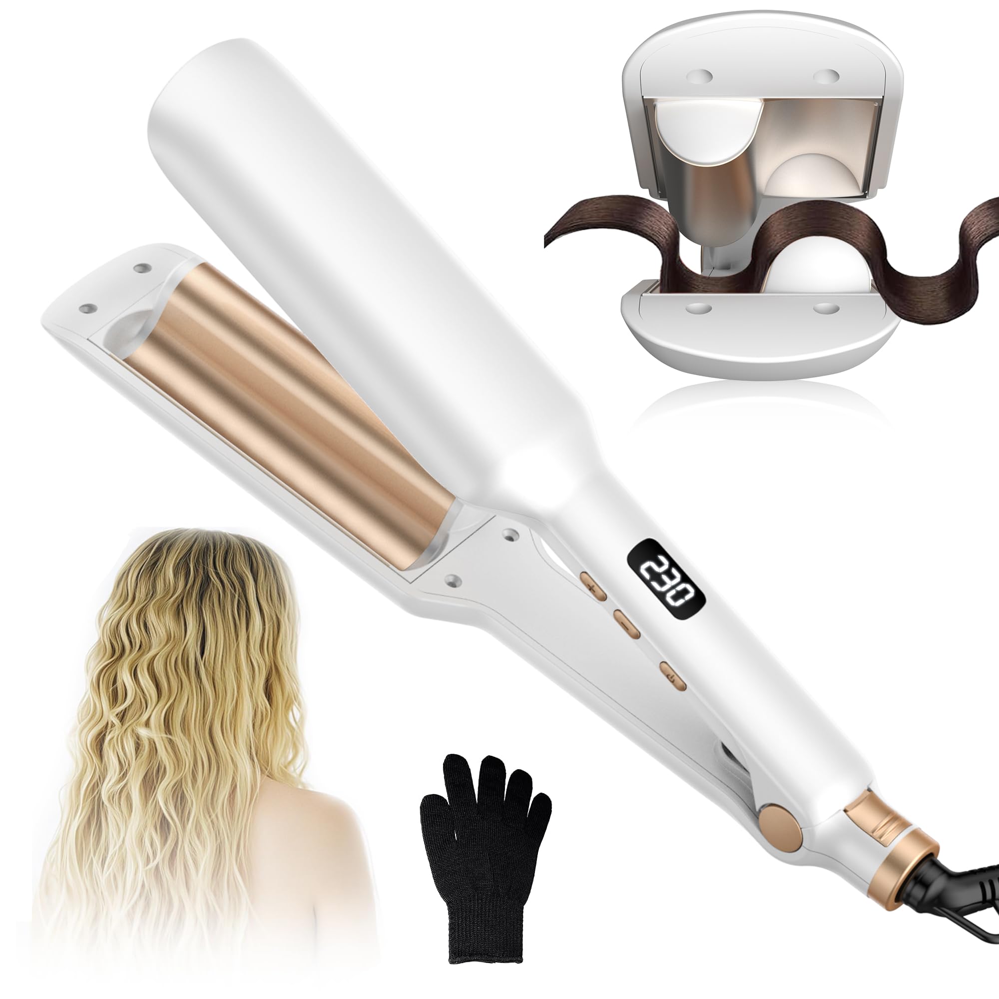 UKLISS Hair Waver Crimper – Ceramic Mermaid Beach Wave Curler, White Gold