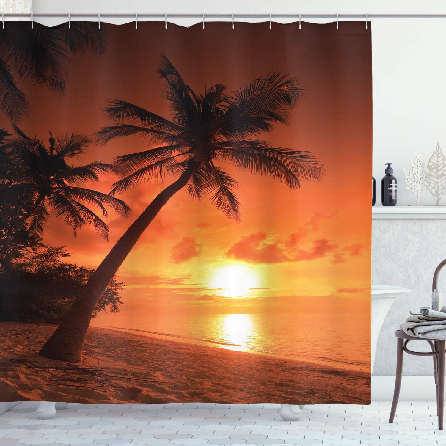 ABAKUHAUS Tropical Shower Curtain | Extra Long Beach Fabric Decor | 86x69"