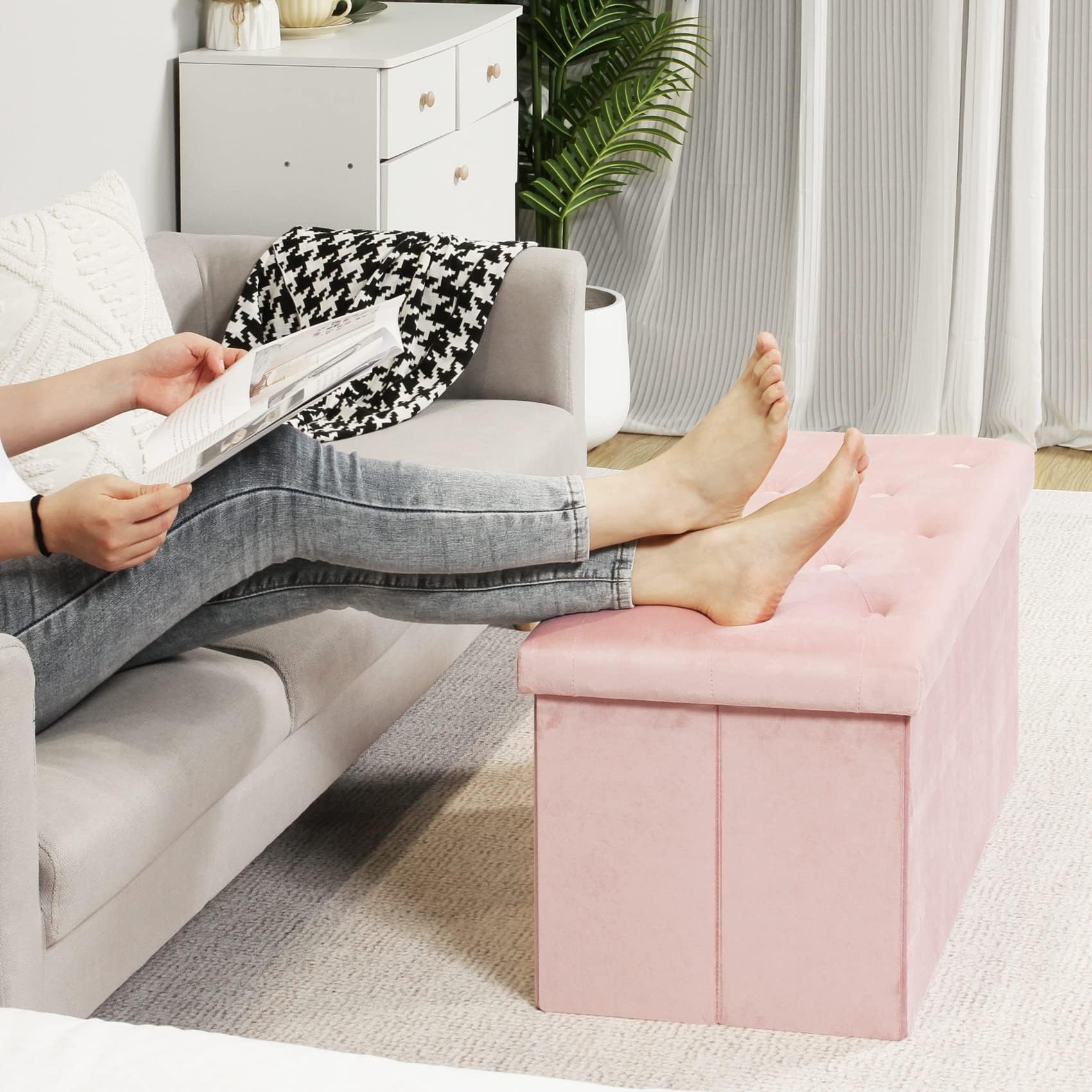 Bonlife Pink Velvet Folding Storage Ottoman Bench - 80cm Toy Chest Seat