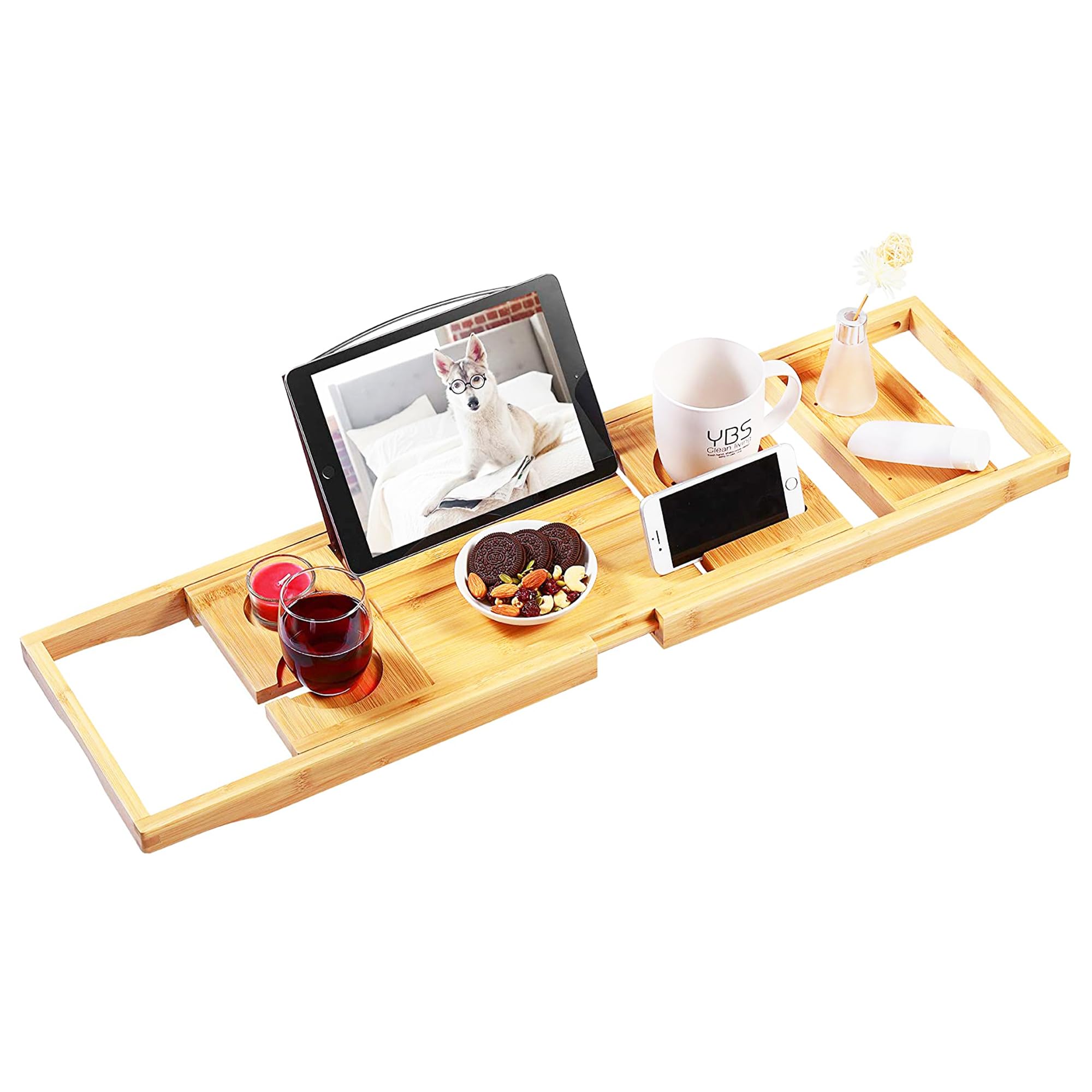 VaeFae Bamboo Bathtub Caddy Tray | Expandable Bath Organizer with Wine Slot