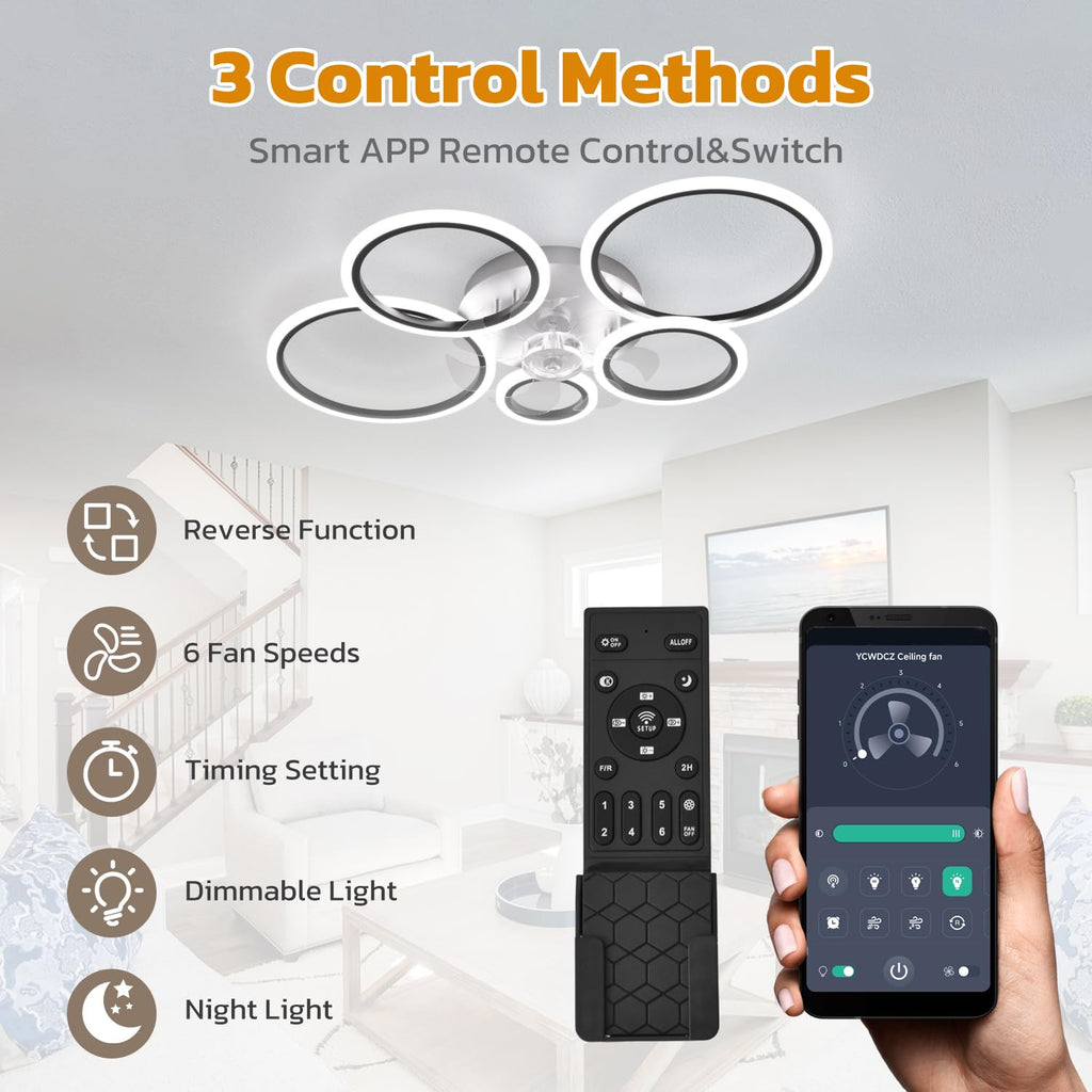 ycwdcz Modern Black Ceiling Fan with Light and Remote – Silent DC Motor