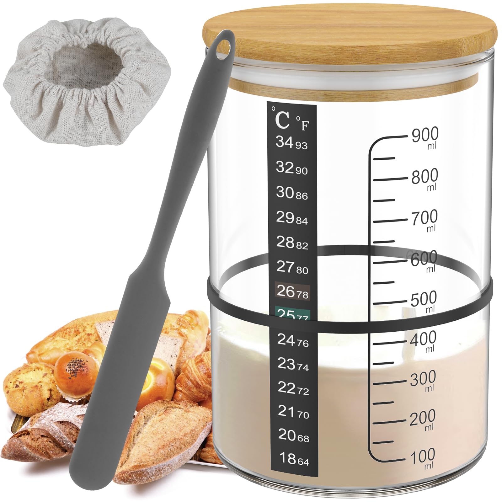 BOBASH 900ml Glass Sourdough Starter Jar Kit – 6 Pcs Baking Set
