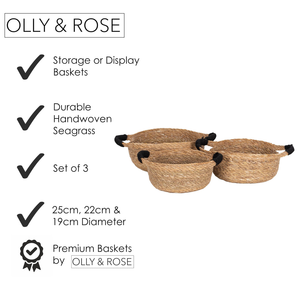 Olly & Rose Set 3 Natural Seagrass Storage Baskets with Black Handles - Durable 25,22,19cm Premium Home Decor - image 2