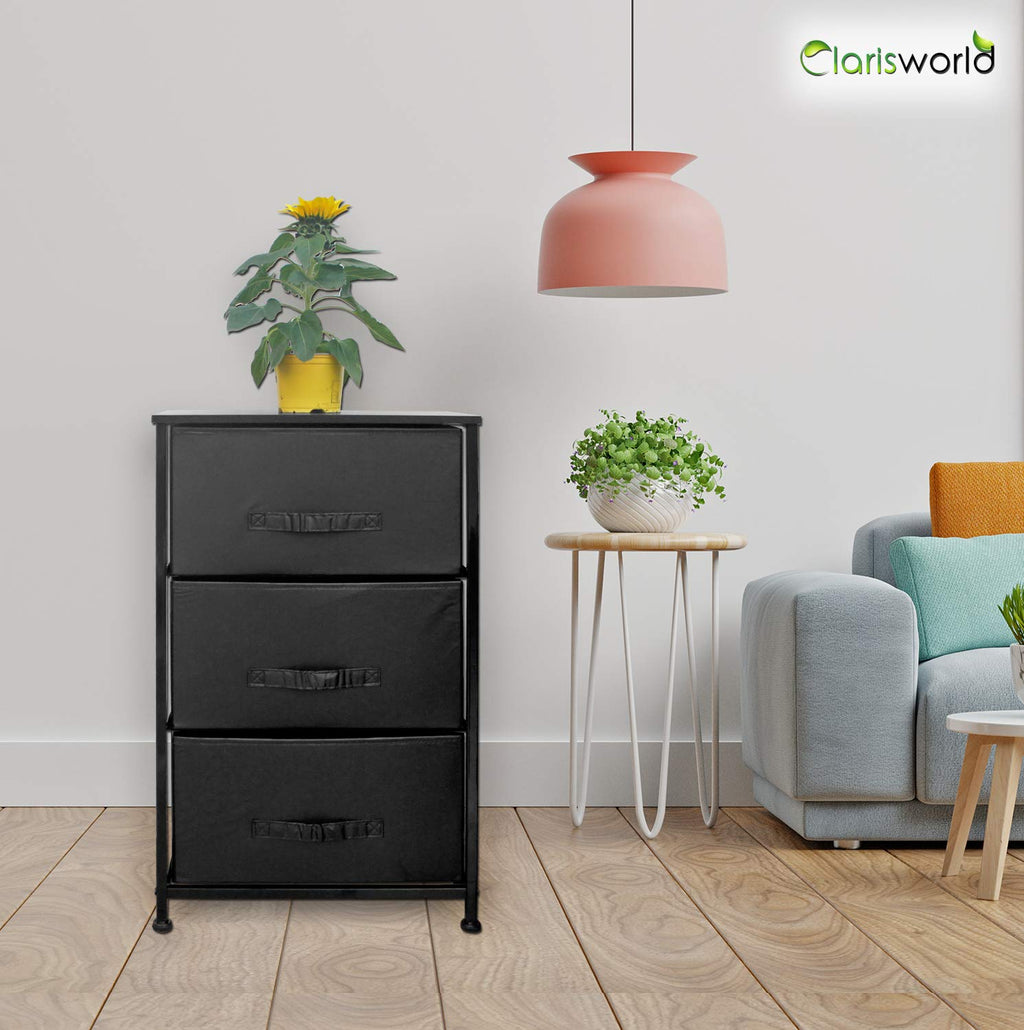 Clarisworld 3-Drawer Storage Tower Dresser | Black Fabric & Wood Top