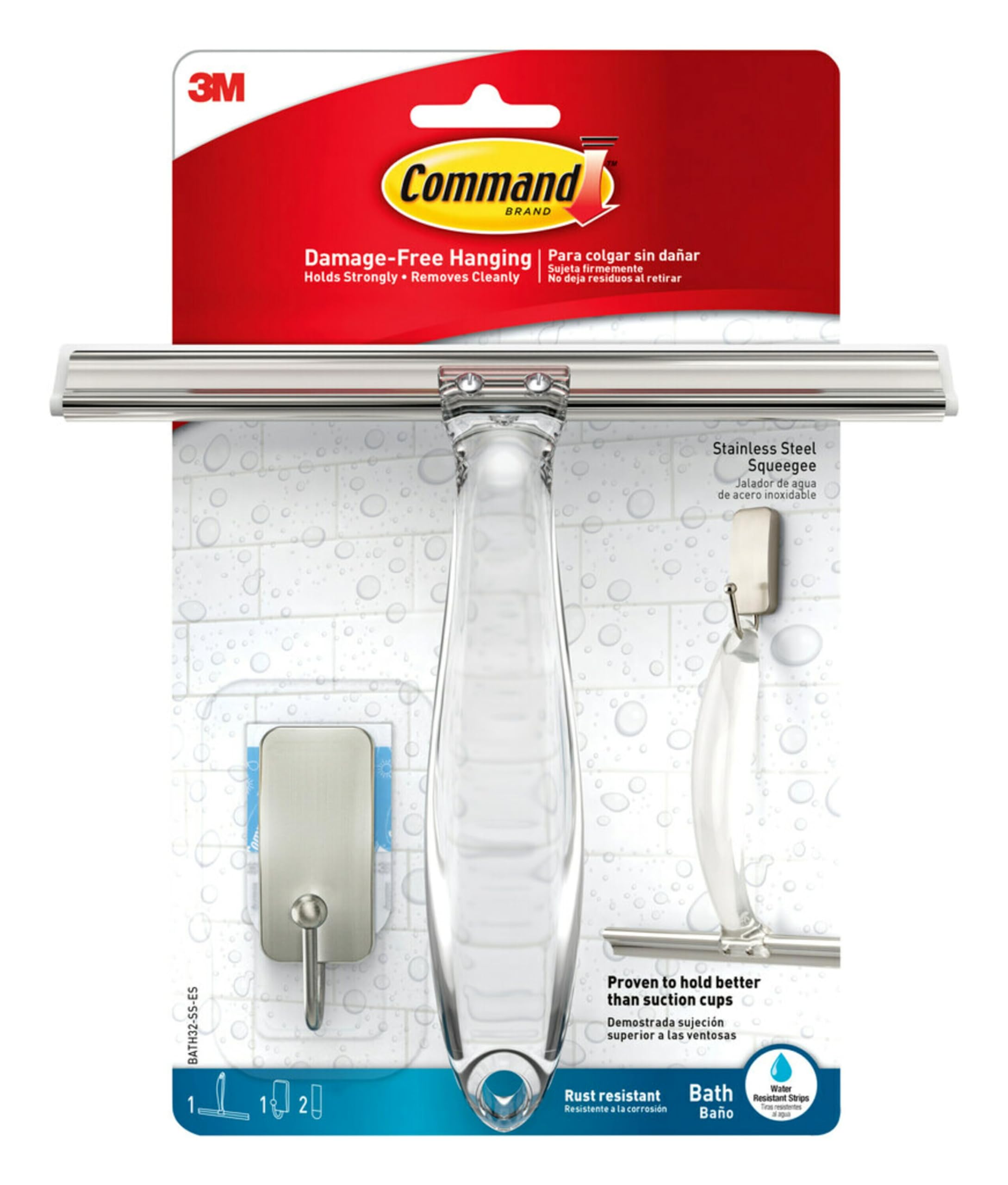 Command Stainless Steel Shower Squeegee with Satin Nickel Hook – 2 Strips