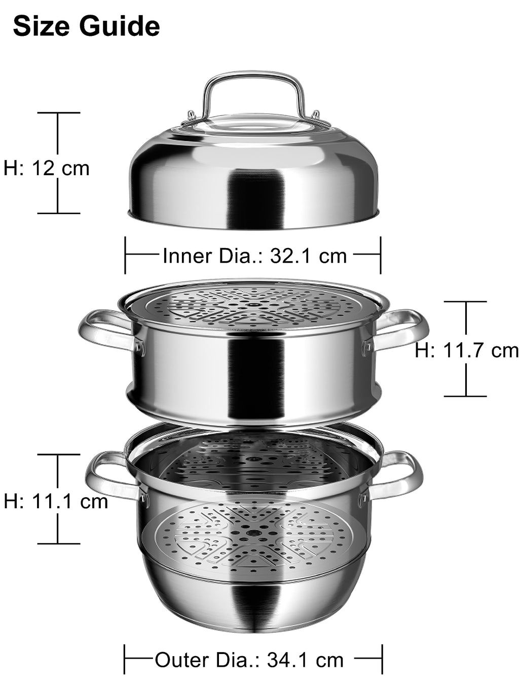 VENTION 3-Tier Stainless Steel Steamer Pot | 34cm Induction Hob Cookware