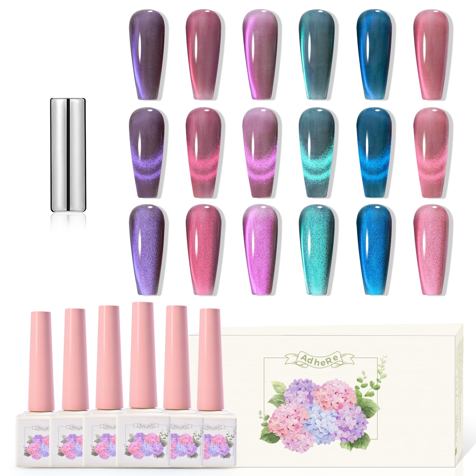 Adhere 6pcs Cat Eye Magnetic Gel Nail Polish Set - 12ml Soak Off Glitter
