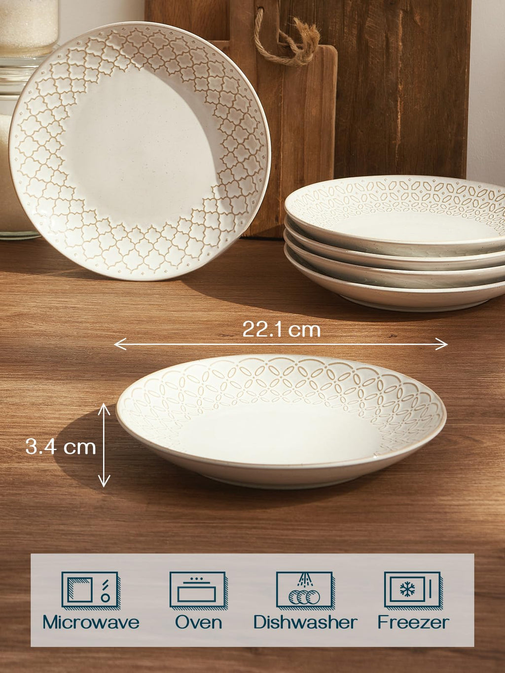 DOWAN 8.5" Porcelain Dinner Plates Set of 6 | Embossed Vintage Salad Plates