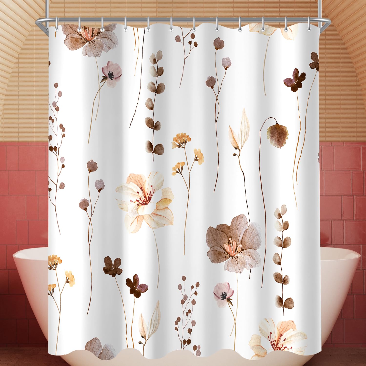 Lerores Brown Flower Shower Curtain | 200x200cm Anti-Mould Polyester