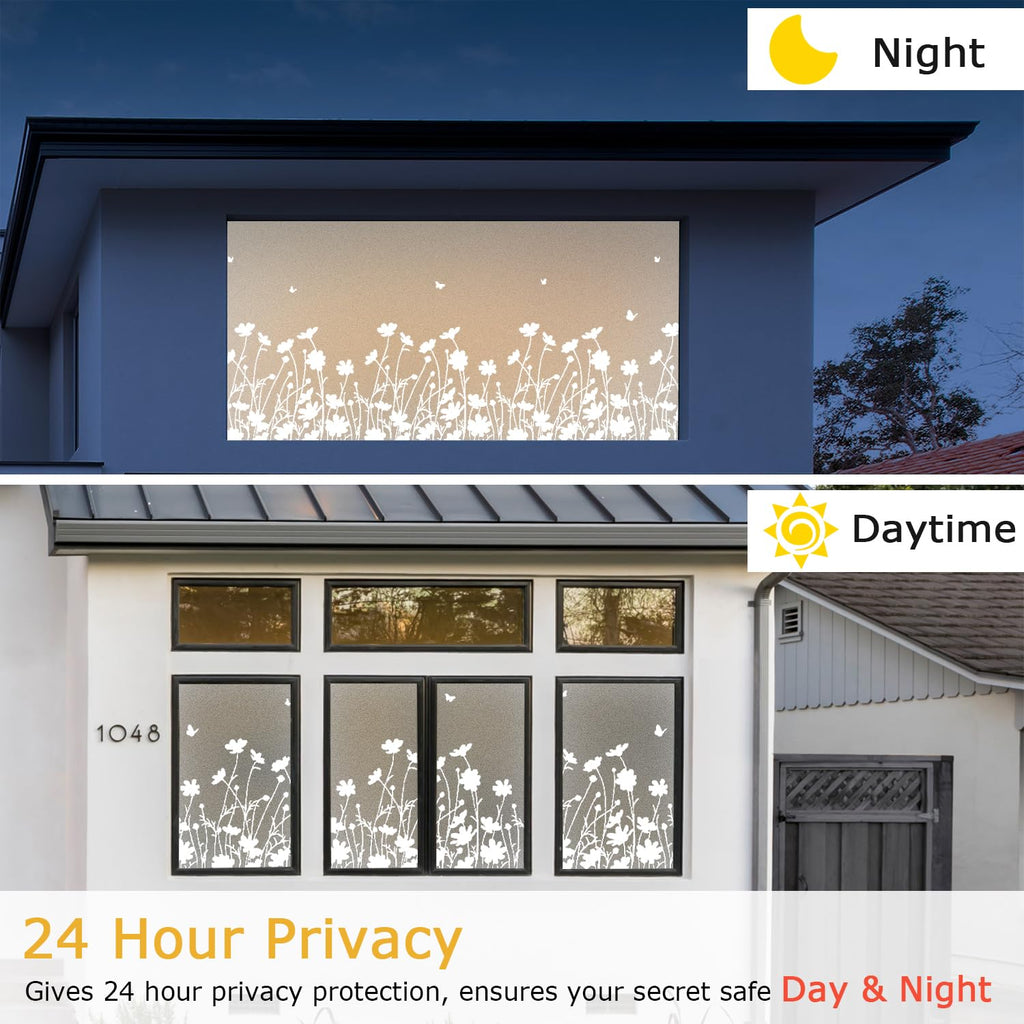 Linarun Frosted Window Privacy Film | Floral Static Cling Tint | 90x400 cm