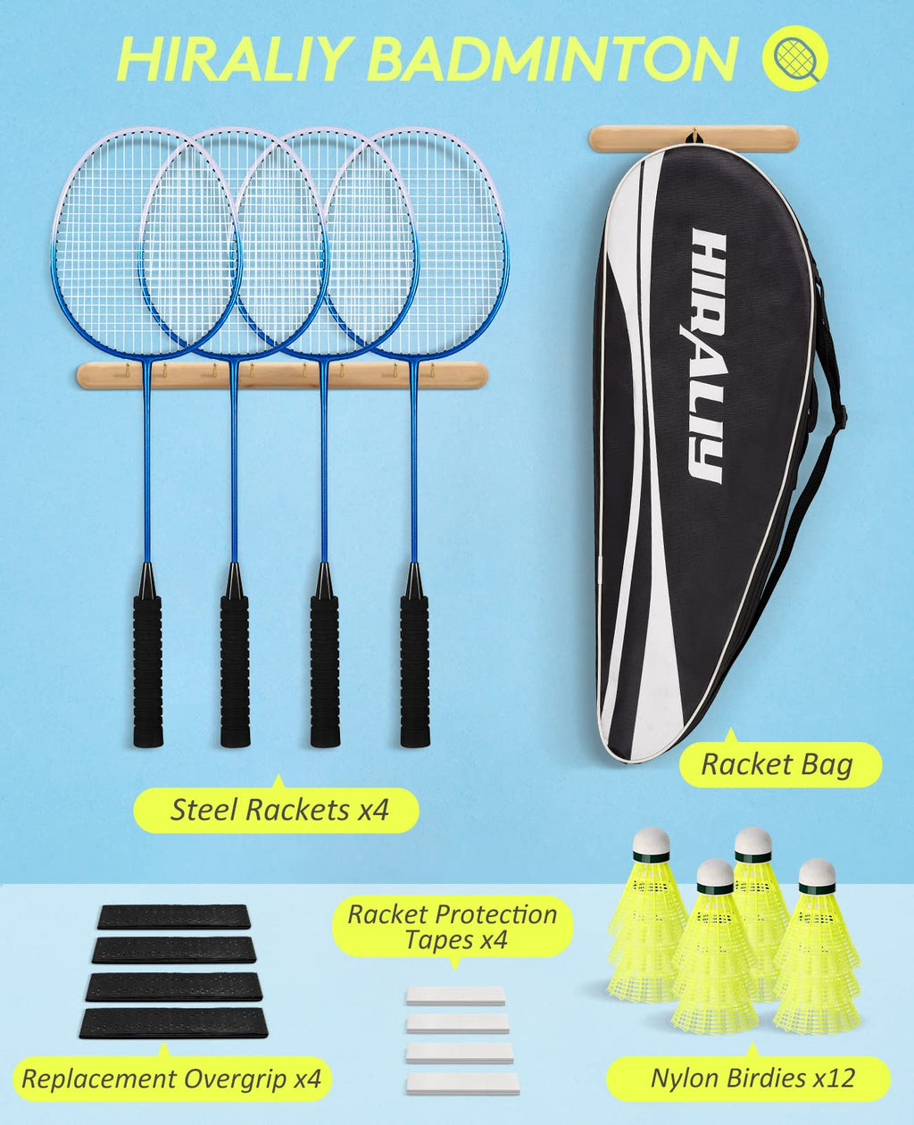 HIRALIY Badminton Rackets Set of 4 – Steel Racquets with 12 Shuttlecocks