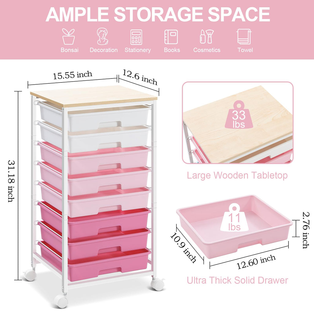 SYKIARIOL 8-Drawer Rolling Storage Trolley | Wooden Top Utility Cart