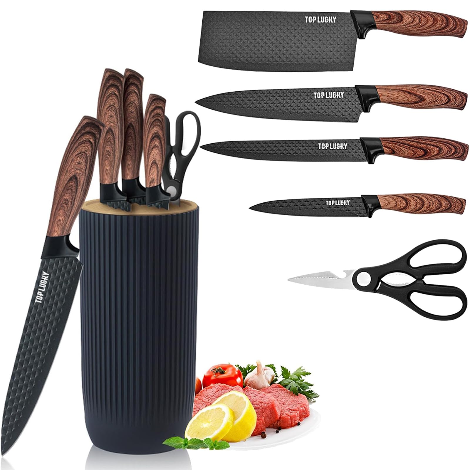 6-Piece Stainless Steel Kitchen Knife Set with Block – Black