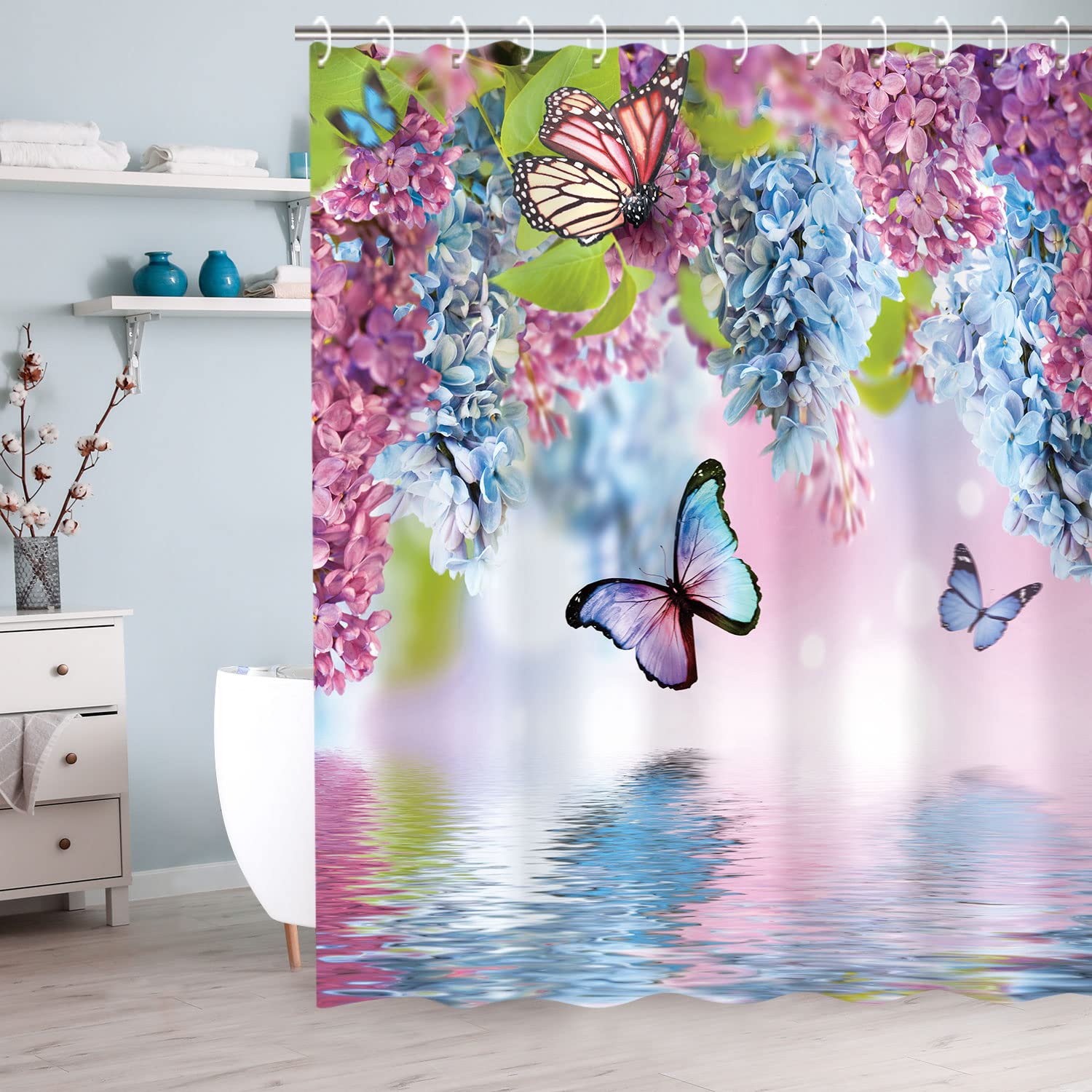 LIVILAN Blue Butterfly Floral Shower Curtain | Polyester with 12 Hooks