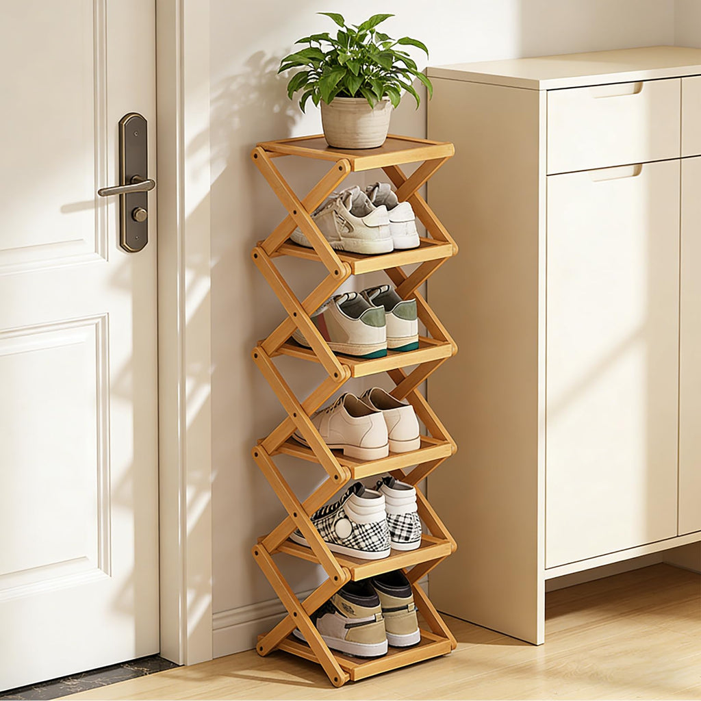 YYW Shoe Rack, Foldable Shoes Organizer Free Standing Shelf for Entryway, Closet, Hallway, Foldable X Shape Multi Tier Shoe Rack Wood Color,6 Layers - image 1