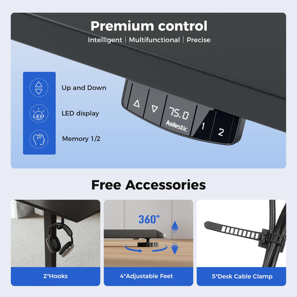 Agilestic Electric Standing Desk, 2 Memory Buttons, 130x60cm - image 5