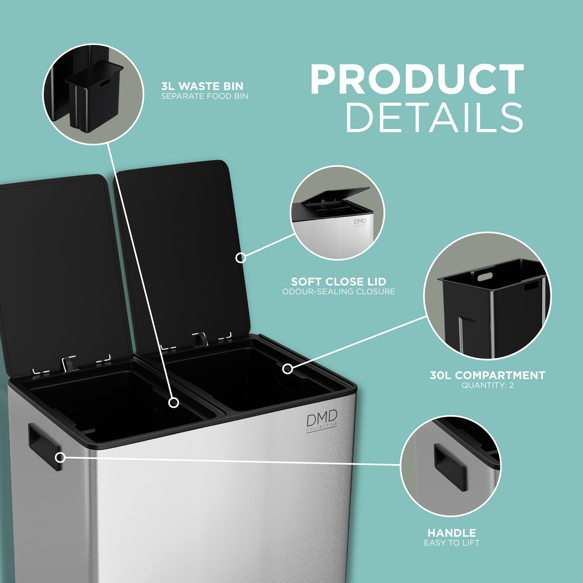 DMD 60L Dual Stainless Steel Recycling Bin with 3L Compost Bin