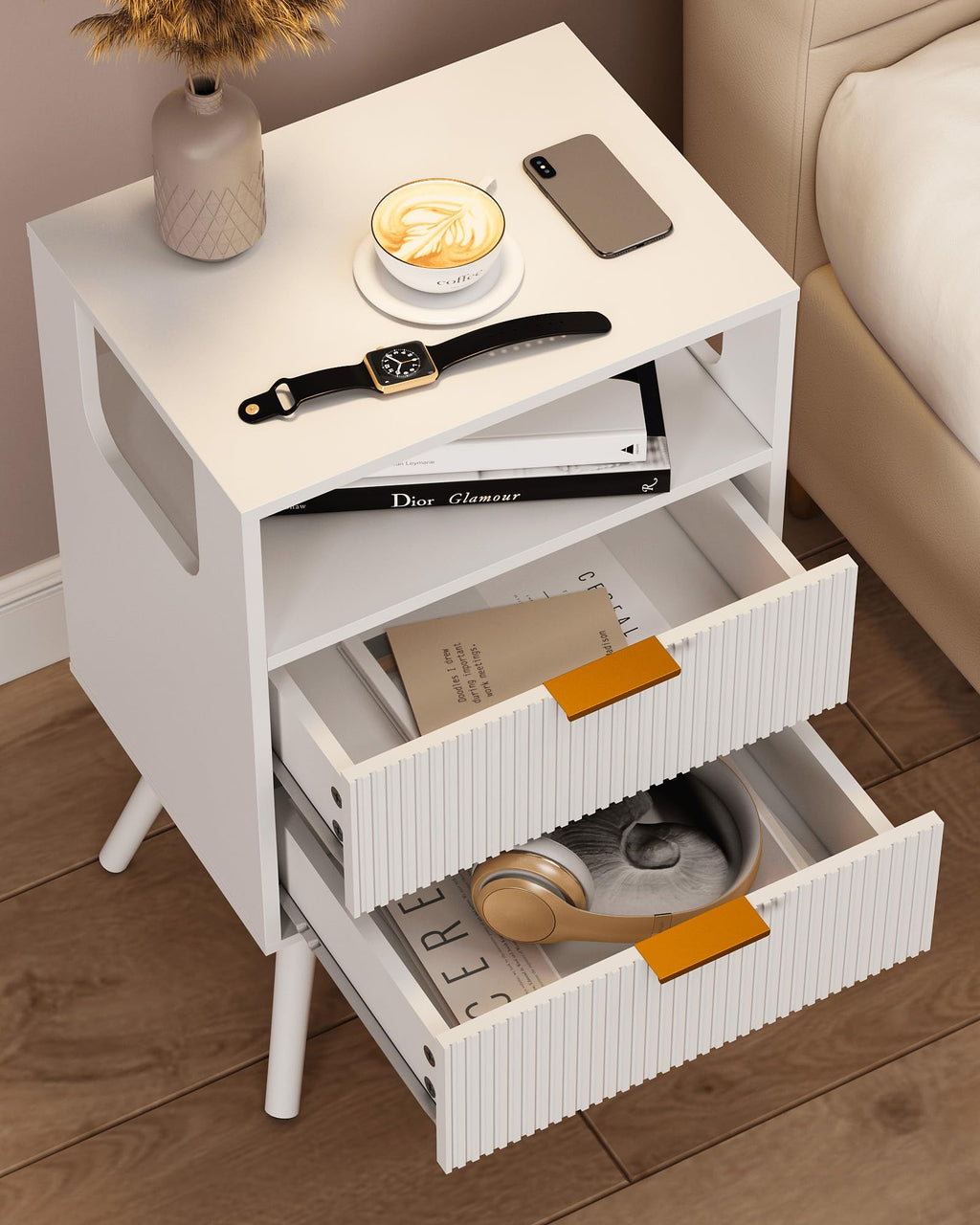 JERX Wooden Bedside Table, Nightstand with 2 Storage Drawer and Open Shelf Modern Bedside Cabinet for Bedroom,White - image 5