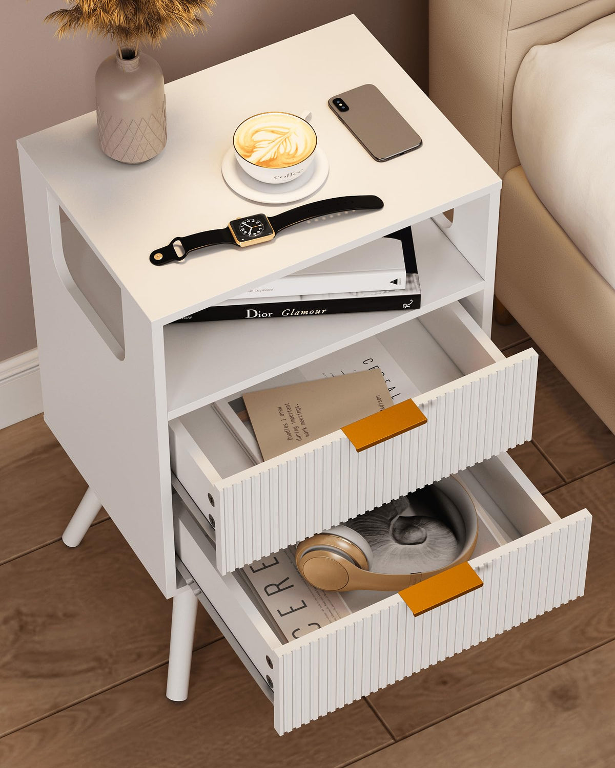 JERX Wooden Bedside Table, Nightstand with 2 Storage Drawer and Open Shelf Modern Bedside Cabinet for Bedroom,White - image 5