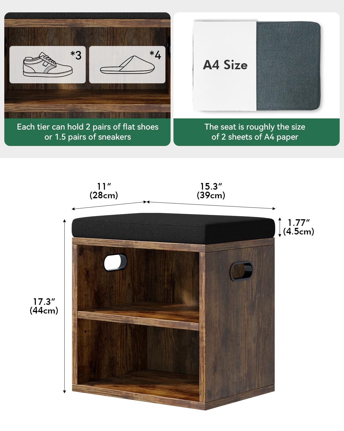 FUBHOMEY 2 Tier Small Shoe Hallway Storage Bench Rustic Brown EFHXD01H - image 2