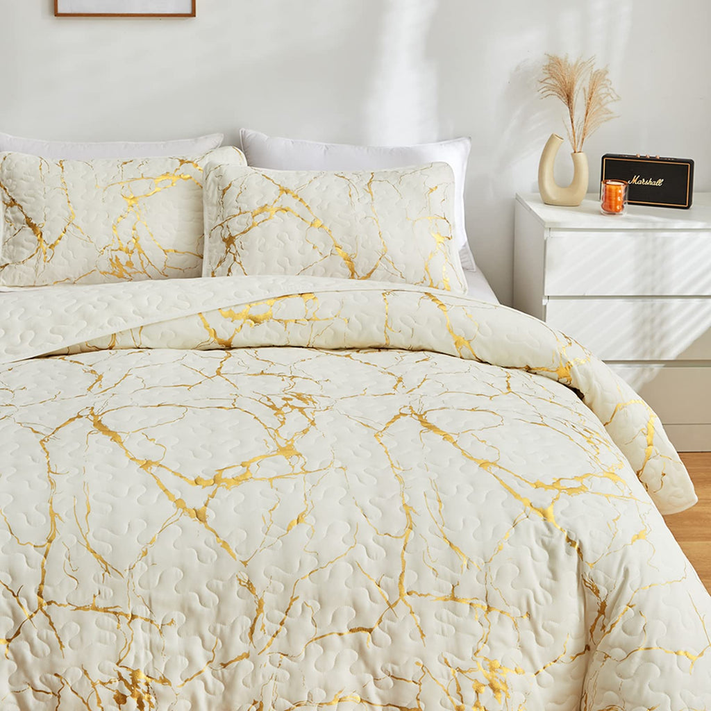 HAVOP King Size Bedspread Set | Gold Marble Printed Beige Microfiber Quilt