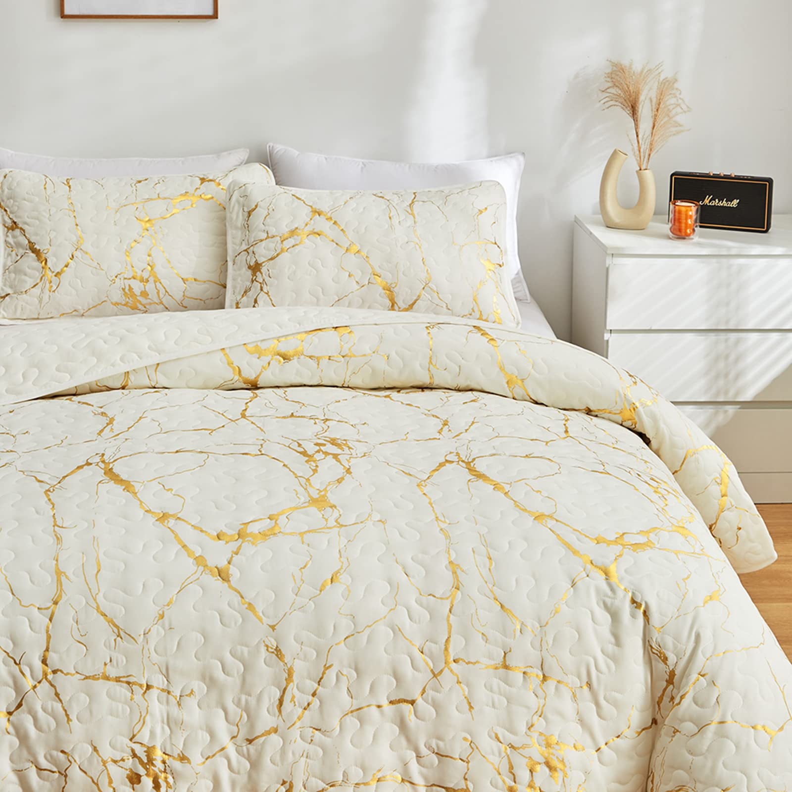 HAVOP King Size Bedspread Set | Gold Marble Printed Beige Microfiber Quilt