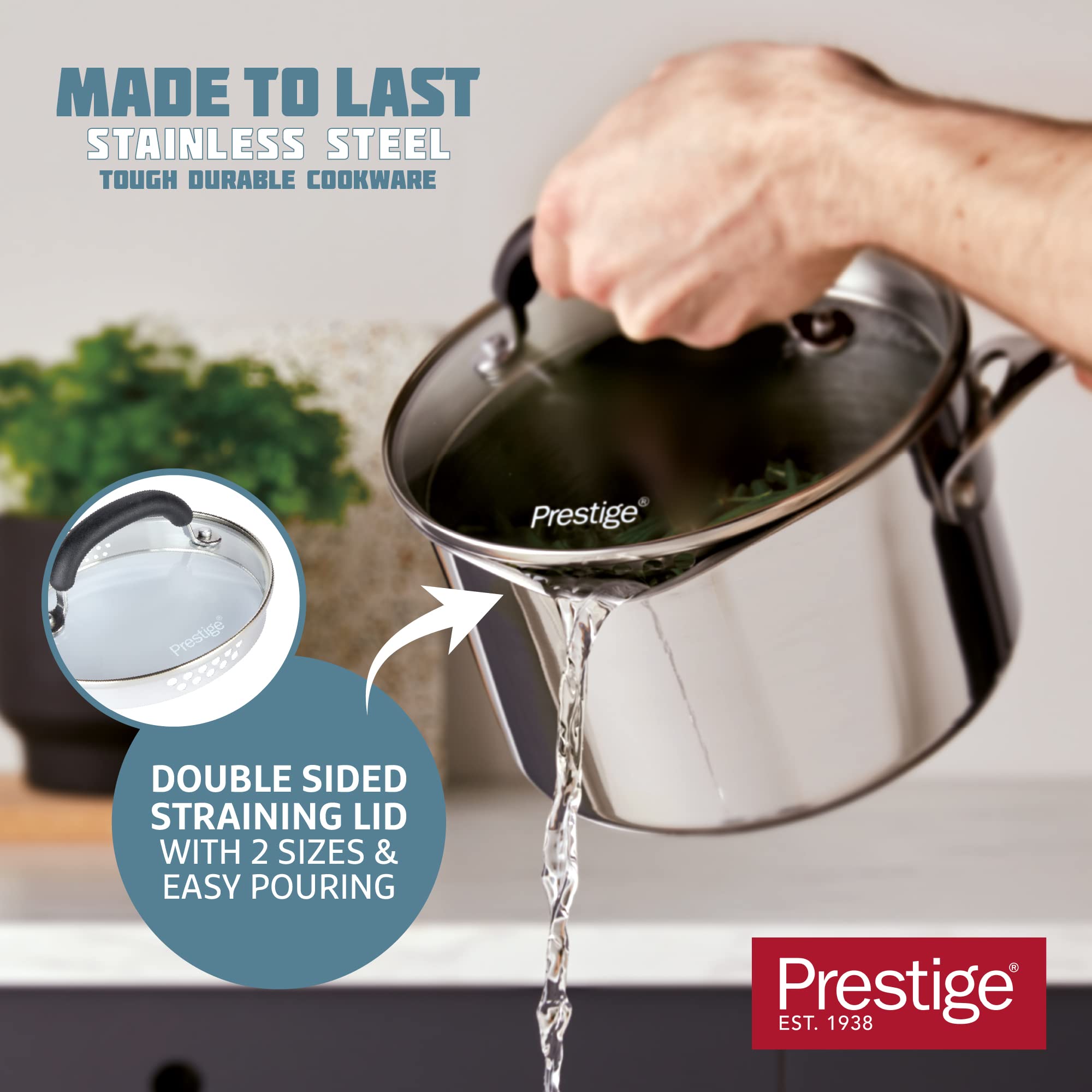 Prestige Stainless Steel Saucepan with Straining Lid - 20cm Induction