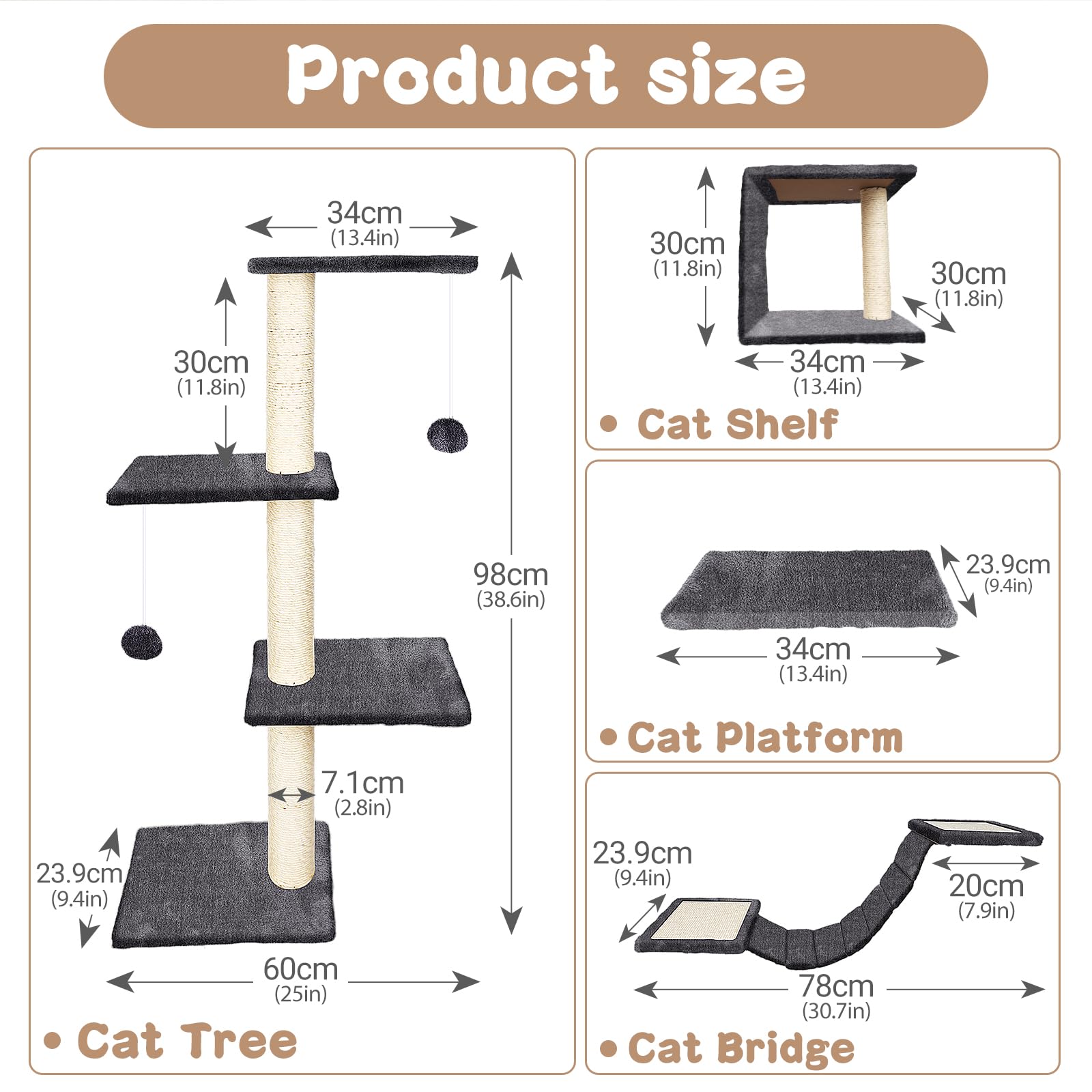 MASTERTOP 4-in-1 Cat Wall Furniture Set | Grey Wood Climbing Shelves