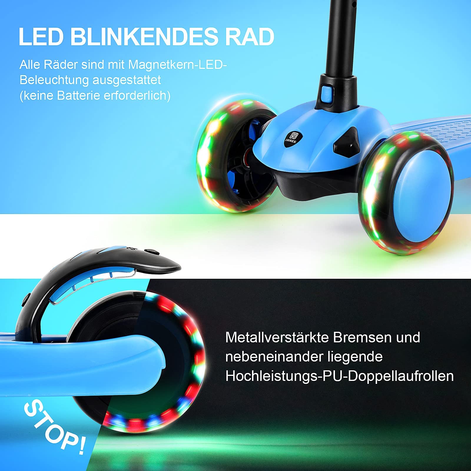IMMEK 3-Wheel Kids Kick Scooter with LED Flashing Wheels and Steering Lock