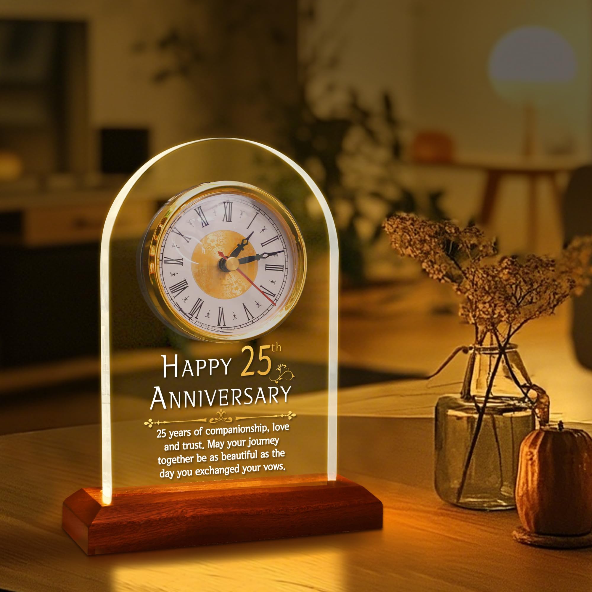 OkiyiD 25th Anniversary Quartz Clock | Light Up Wooden Base Silver Wedding