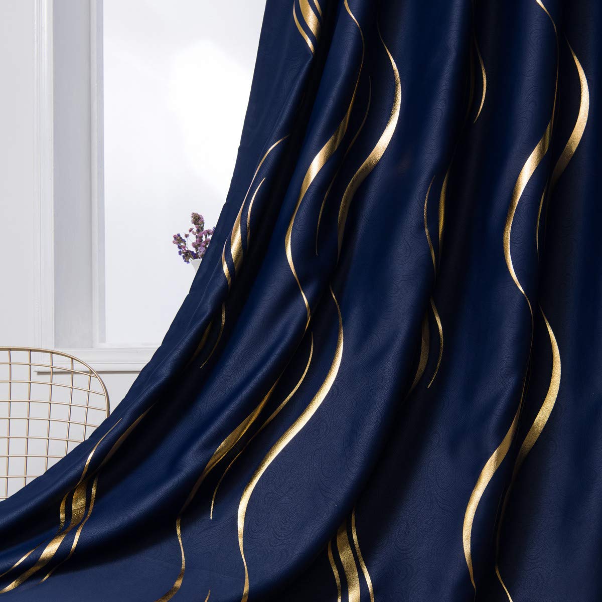 Luxury Striped Blackout Curtains – Navy & Gold, 66x84 Inch