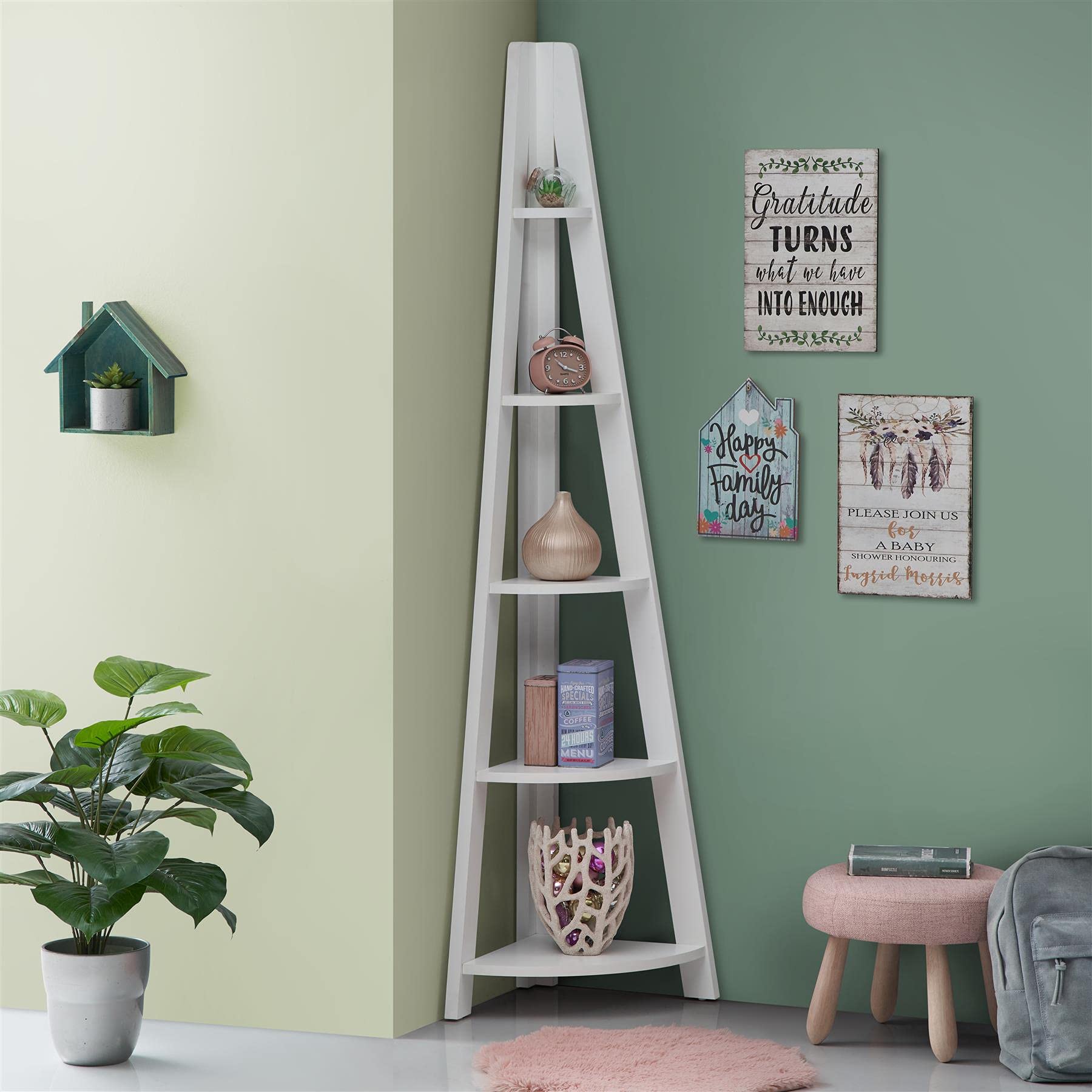 Riva 5 Tier Corner Ladder Shelving Unit – Modern Wood Bookcase in White
