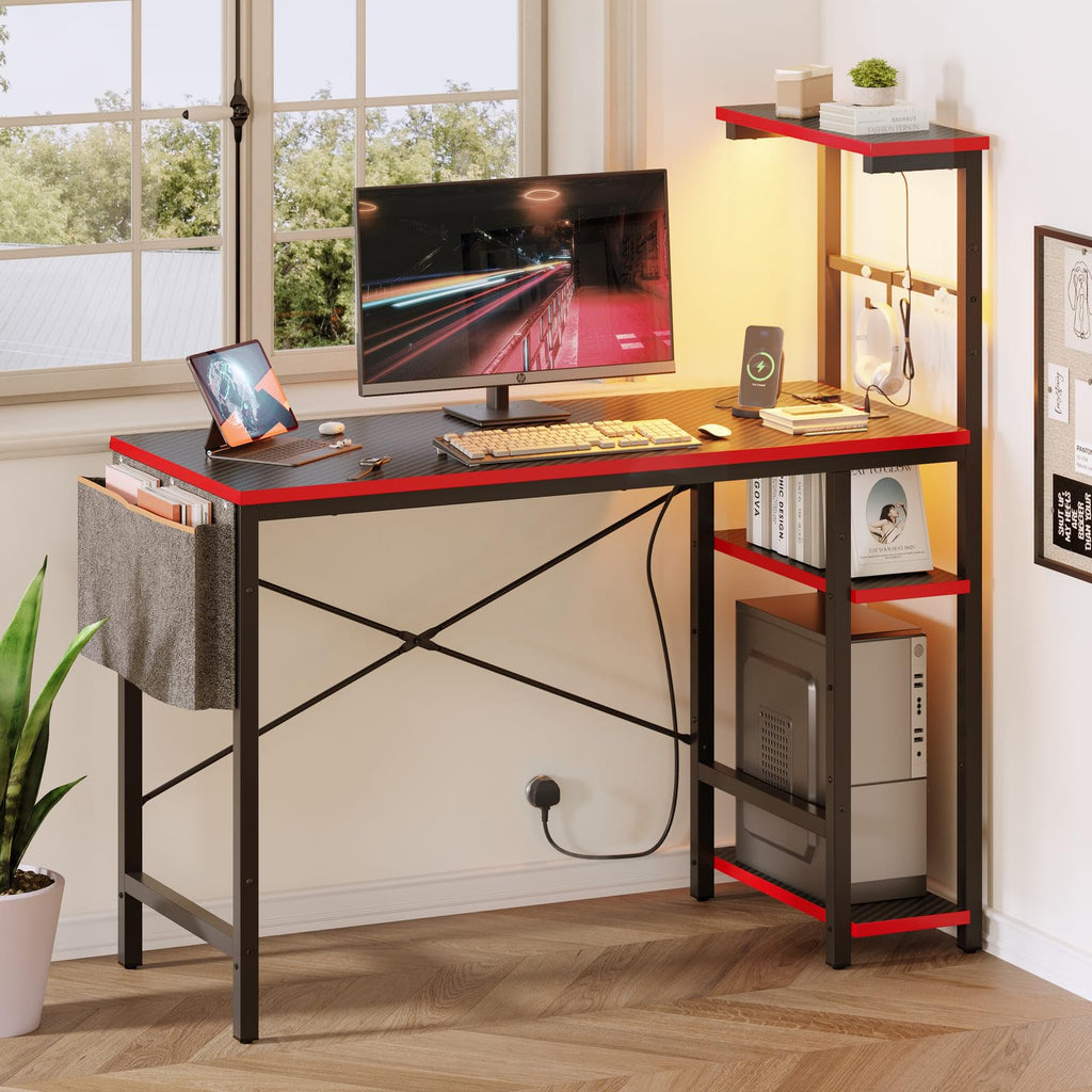 Bestier 113CM Corner Computer Desk with Power Outlets Computer Desk with LED Lights Reversible Writing Table with Side Pocket Storage Bag & - image 3