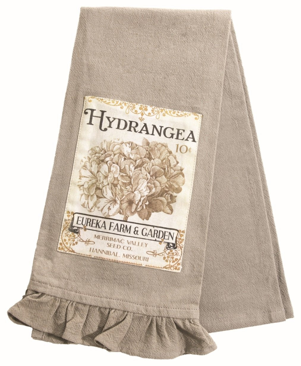 Heritage Lace Vintage Garden Gray Cotton Tea Towel with Ruffled Hem