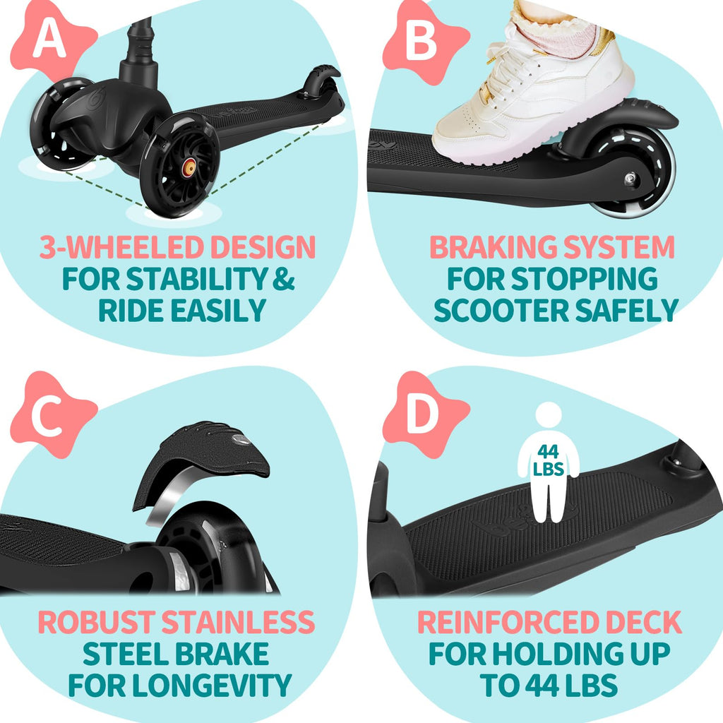 BELEEV 3 Wheel Scooter for Kids Ages 2-6 | Light-Up Wheels & Adjustable Height