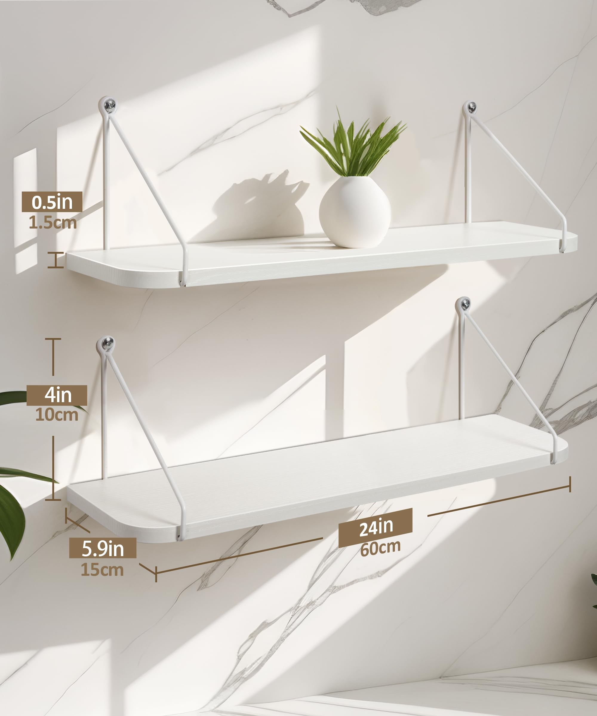 Afuly 24 Inch White Floating Shelves | Modern MDF Wall Storage - Set of 2