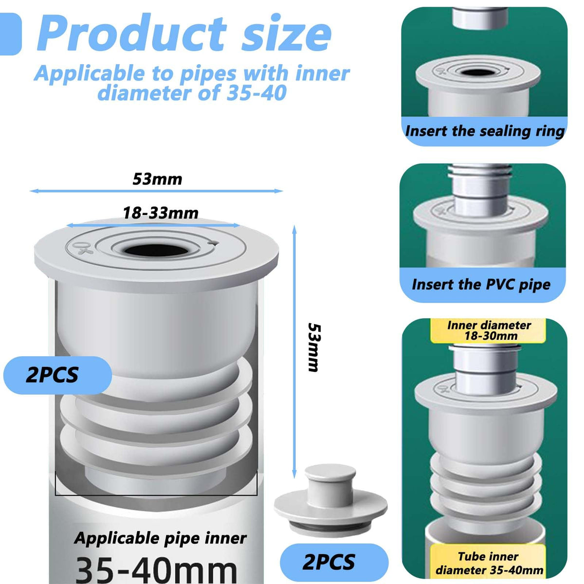SVOCK 2PCS 35-40mm Silicone Washing Machine Waste Pipe Connector, Drain Pipe Seal Ring, Waste Pipe Seal - image 2