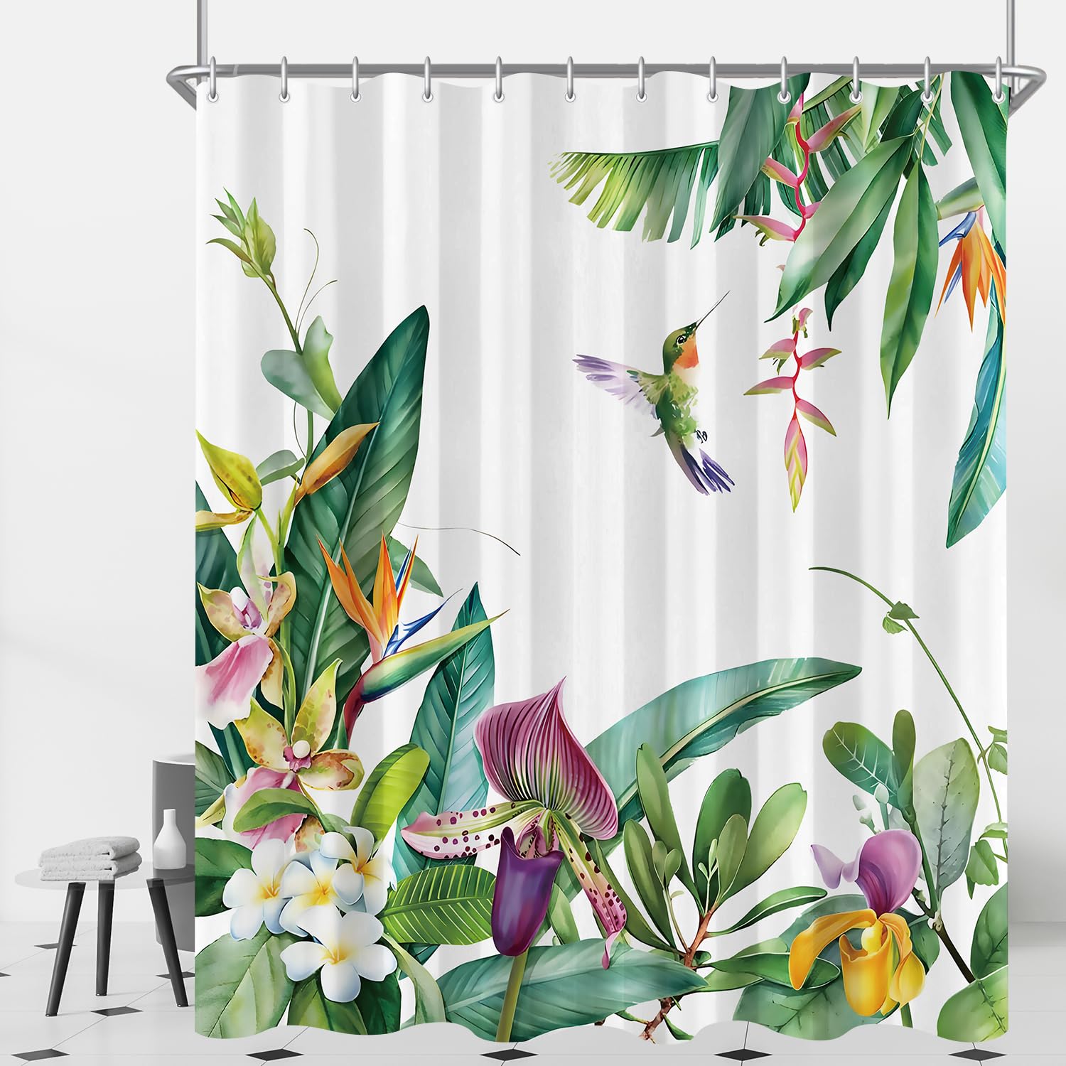 Lerores Green Leaves Bird Shower Curtain – 120x200cm Weighted Hem