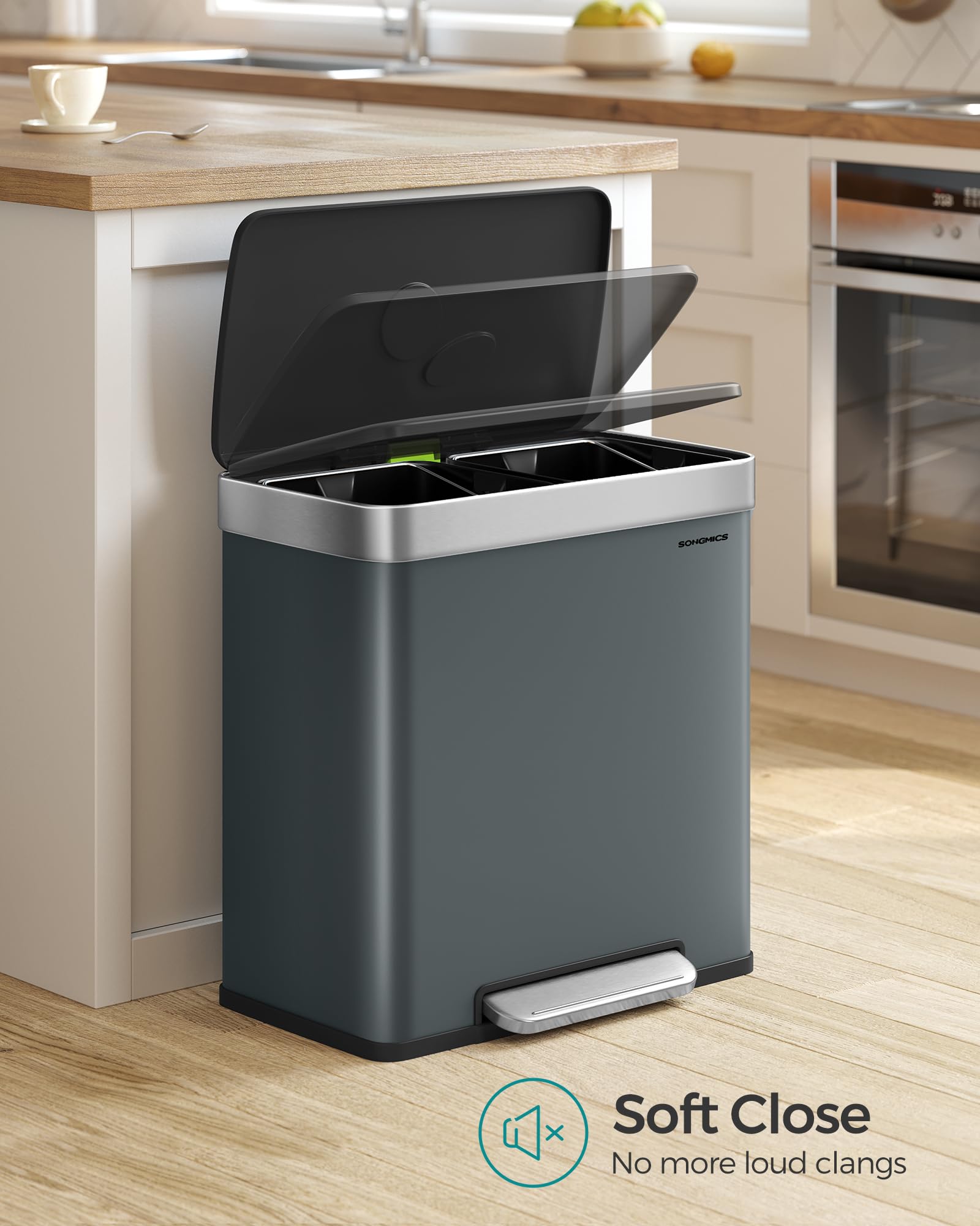 SONGMICS 60L Stainless Steel Kitchen Bin – Dual 30L Recycling Pedal Bin