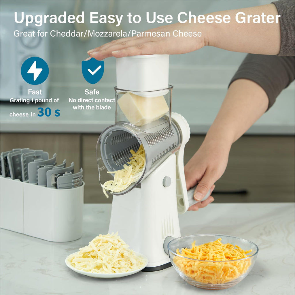 ALEXPHY 5-in-1 Rotary Cheese Grater – Hand Crank Vegetable Slicer, White