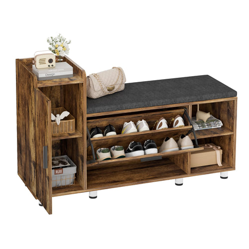 BonVache Shoe Storage Bench with Cushion, Brown Shoe Bench 105cm Lounge with 2 Shelves and 4 Compartments, Hallway Storage Unit with Seat, Living Room - image 1