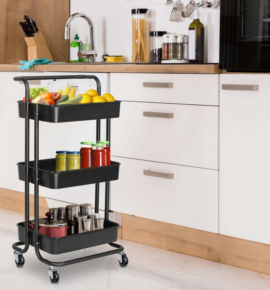 Multibao 3 Tier Storage Trolley on Wheels Cart Kitchen Utility Rolling Rack Tray Shelf for Kitchen Bathroom Laundry and Office Black