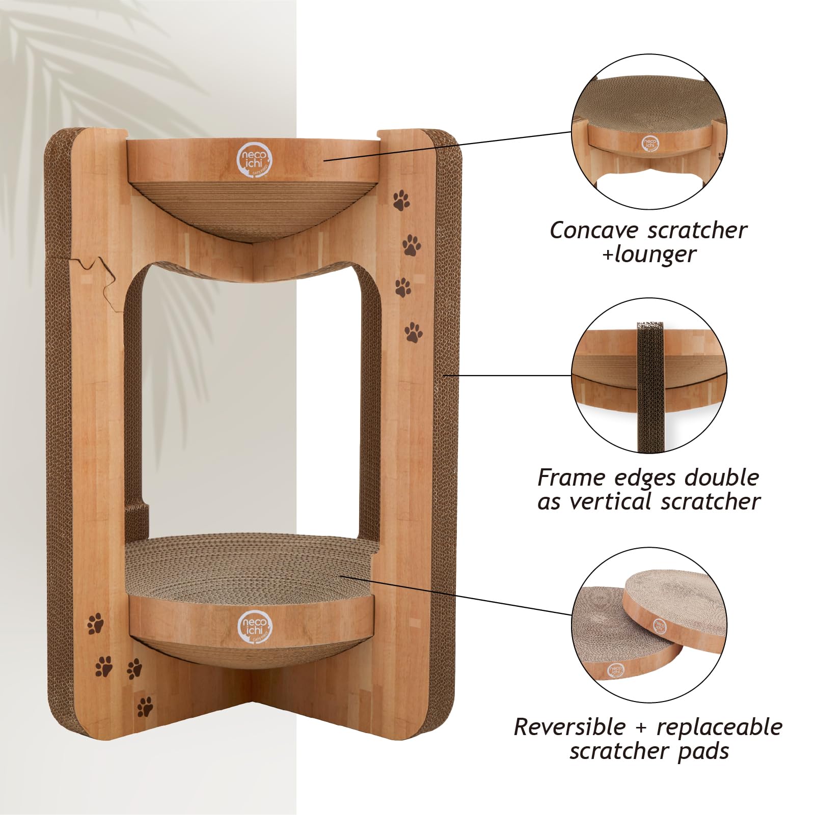 Necoichi Cozy Cat Scratcher Tower | Recycled Paper Bowl Bed | Oak, XL