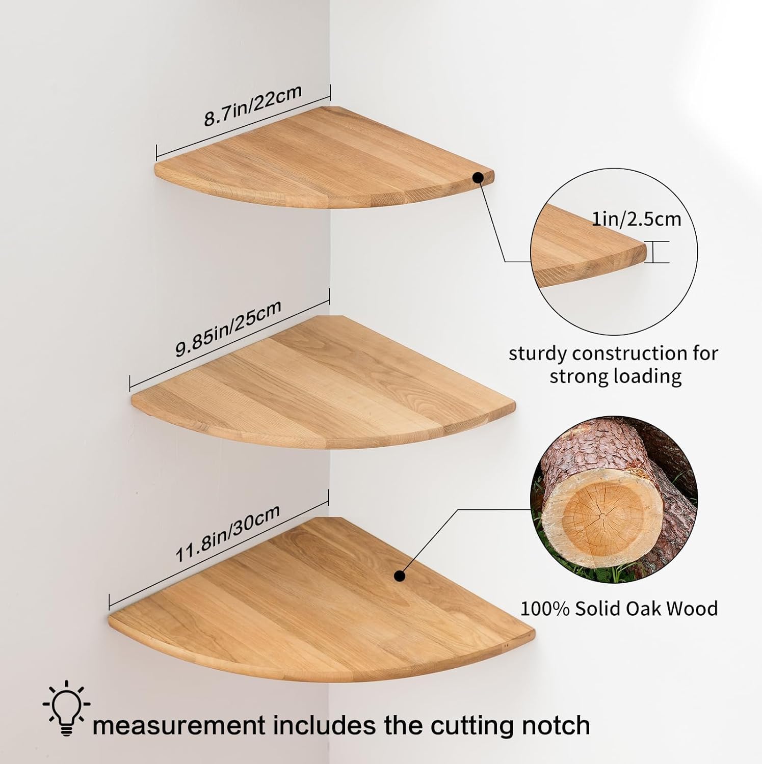 GIEANOO Solid Oak Corner Shelves | Set of 3 Floating Wood Wall Mount