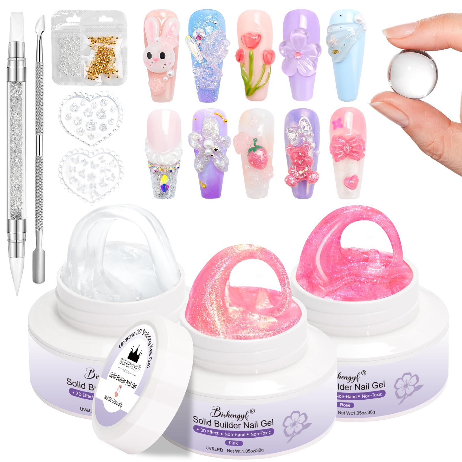 BISHENGYF 3D Nail Gel Kit | 3 Pcs Solid Builder Gel with Silicone Tools