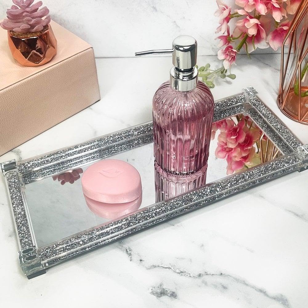 Mirrored Crystal Tray – Crushed Diamond Vanity Organizer